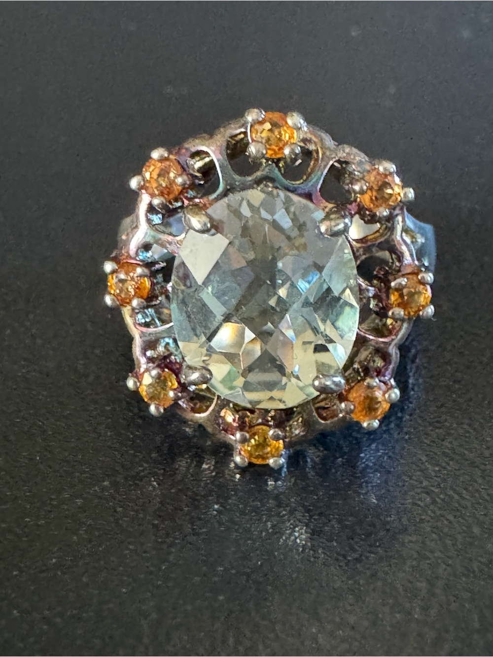 Sterling Silver Prasiolite & Topaz Statement Ring Size 6.75